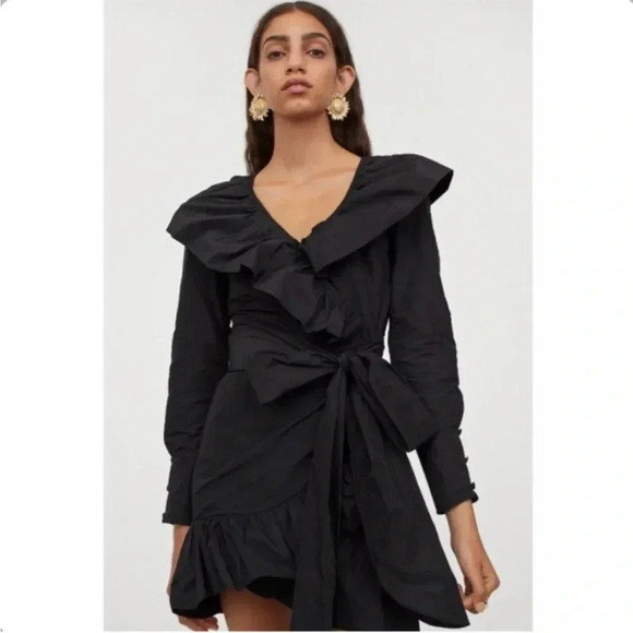 SANDRA MANSOUR X H&M Black Mini Ruffled Wrap Taffeta Dress Long Sleeve XXL - Picture 1 of 14